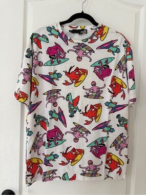 Love Moschino White Tee with Multi-Color Surf Creature Print